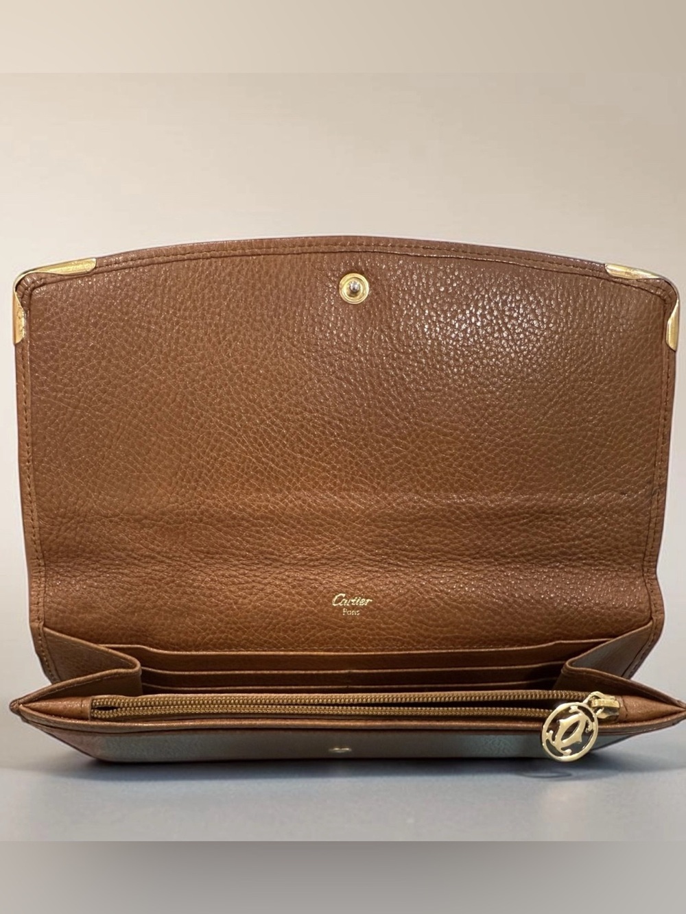 Cartier Paris Vintage Brown Pebbled Leather Long Flap Wallet Gold Accent - Picture 2 of 11